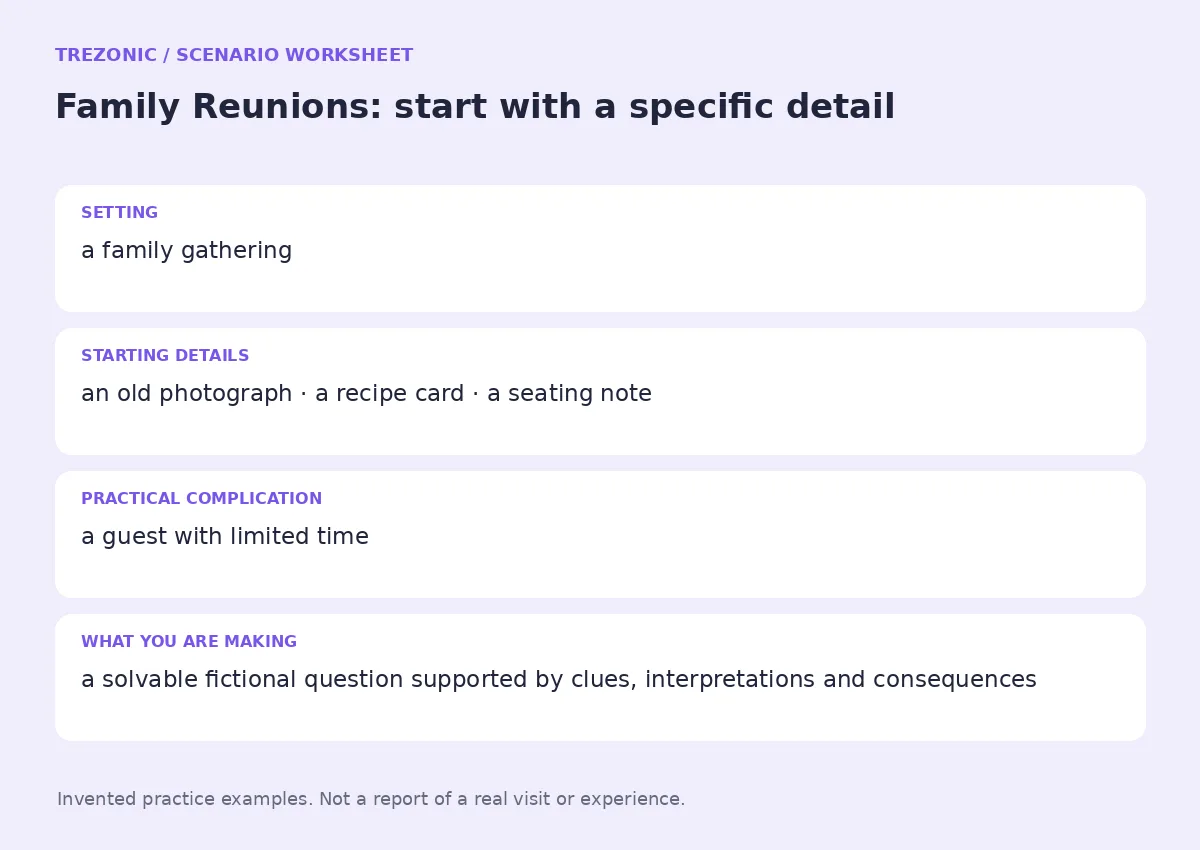 Practice worksheet for Family Reunions: setting, starting details, complication and goal