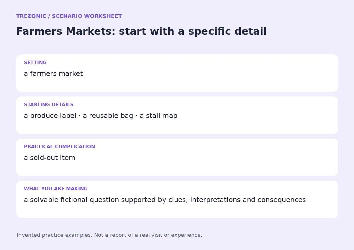 Practice worksheet for Farmers Markets: setting, starting details, complication and goal
