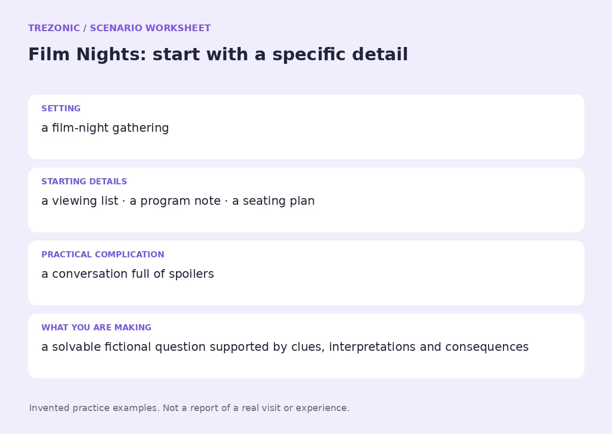 Practice worksheet for Film Nights: setting, starting details, complication and goal