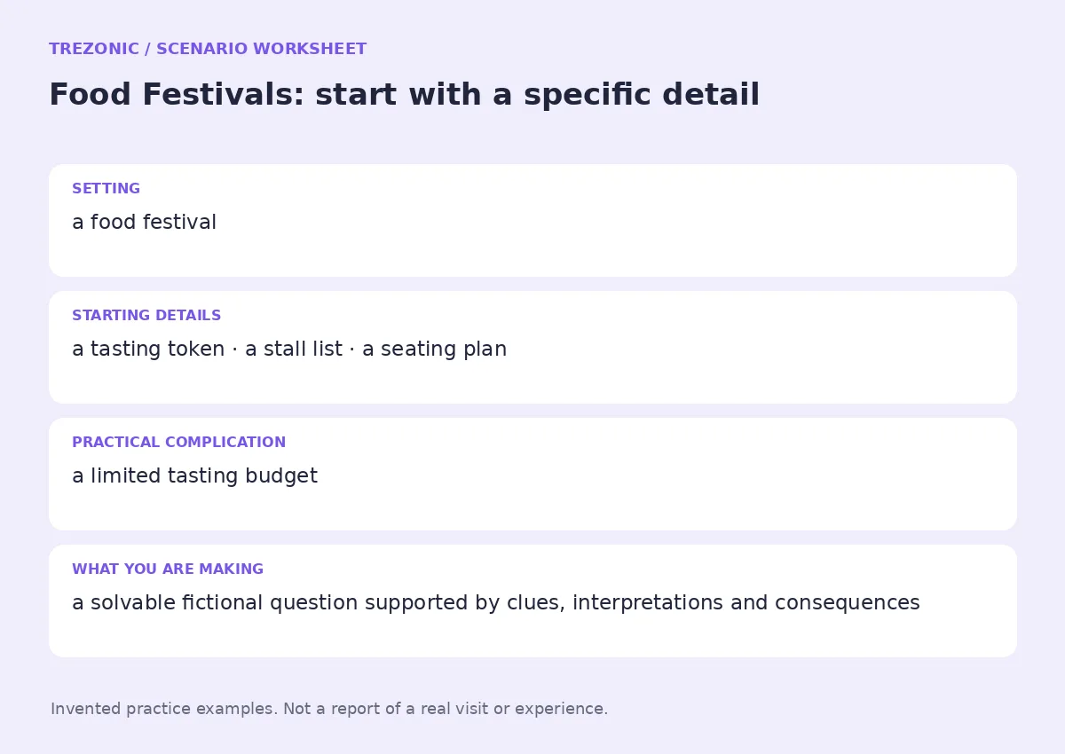 Practice worksheet for Food Festivals: setting, starting details, complication and goal