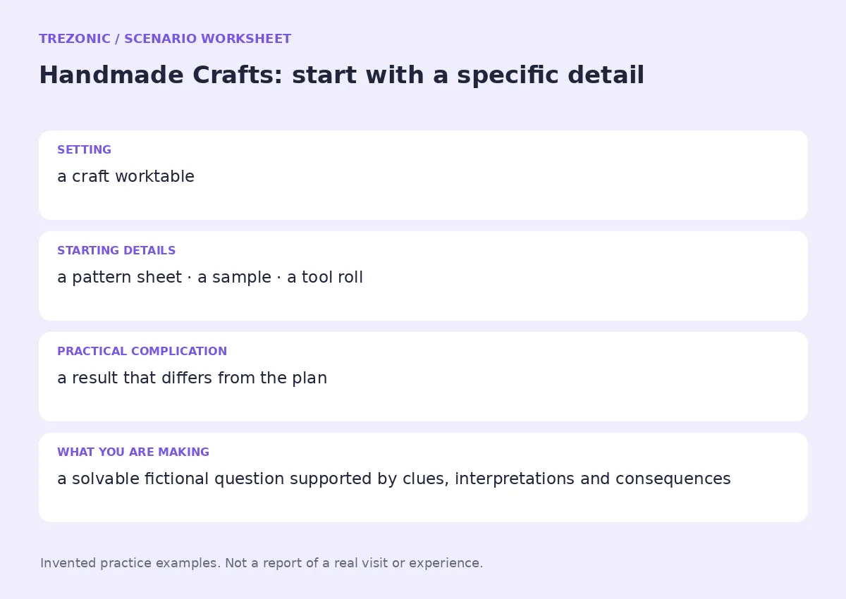 Practice worksheet for Handmade Crafts: setting, starting details, complication and goal