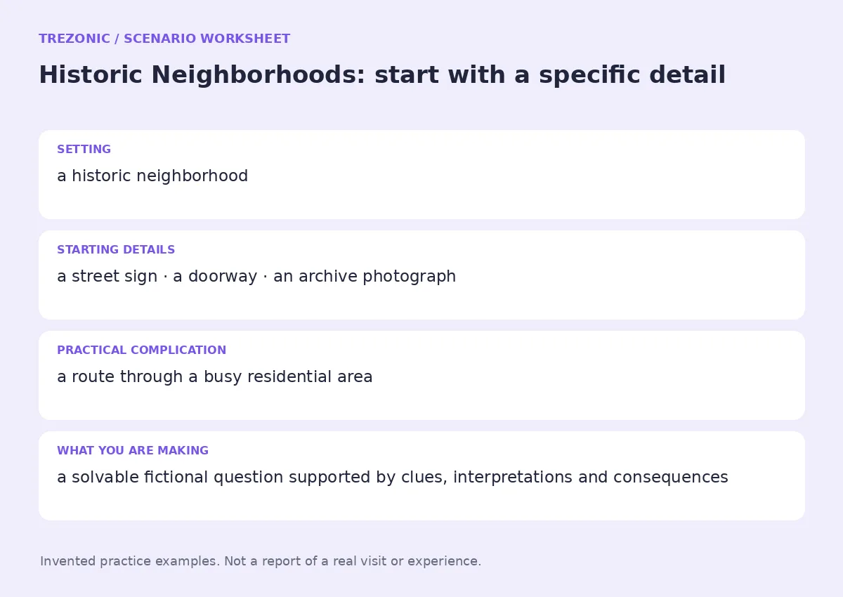 Practice worksheet for Historic Neighborhoods: setting, starting details, complication and goal