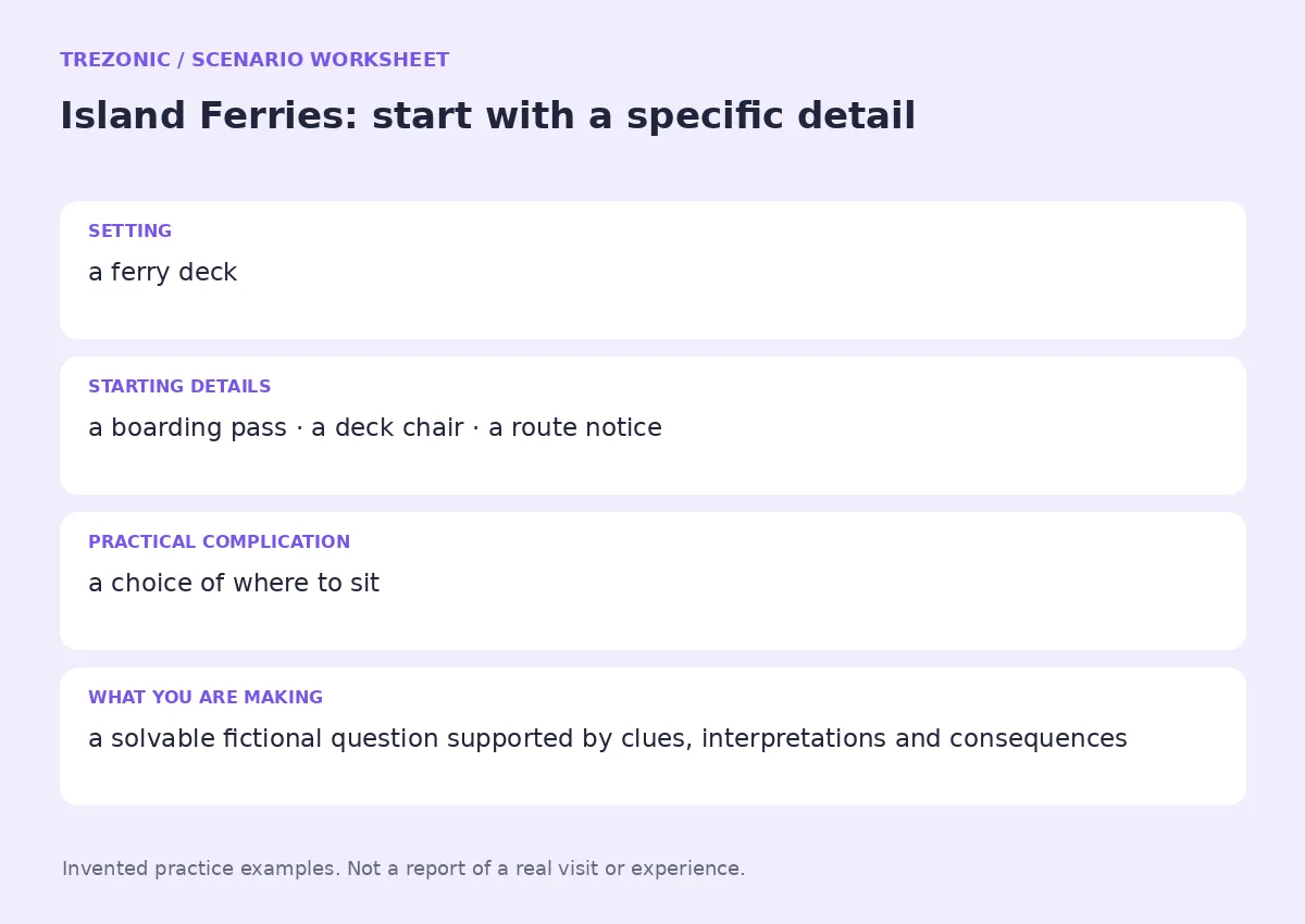 Practice worksheet for Island Ferries: setting, starting details, complication and goal