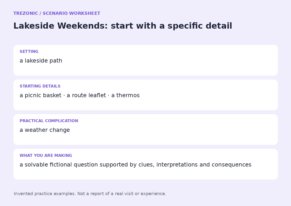 Practice worksheet for Lakeside Weekends: setting, starting details, complication and goal