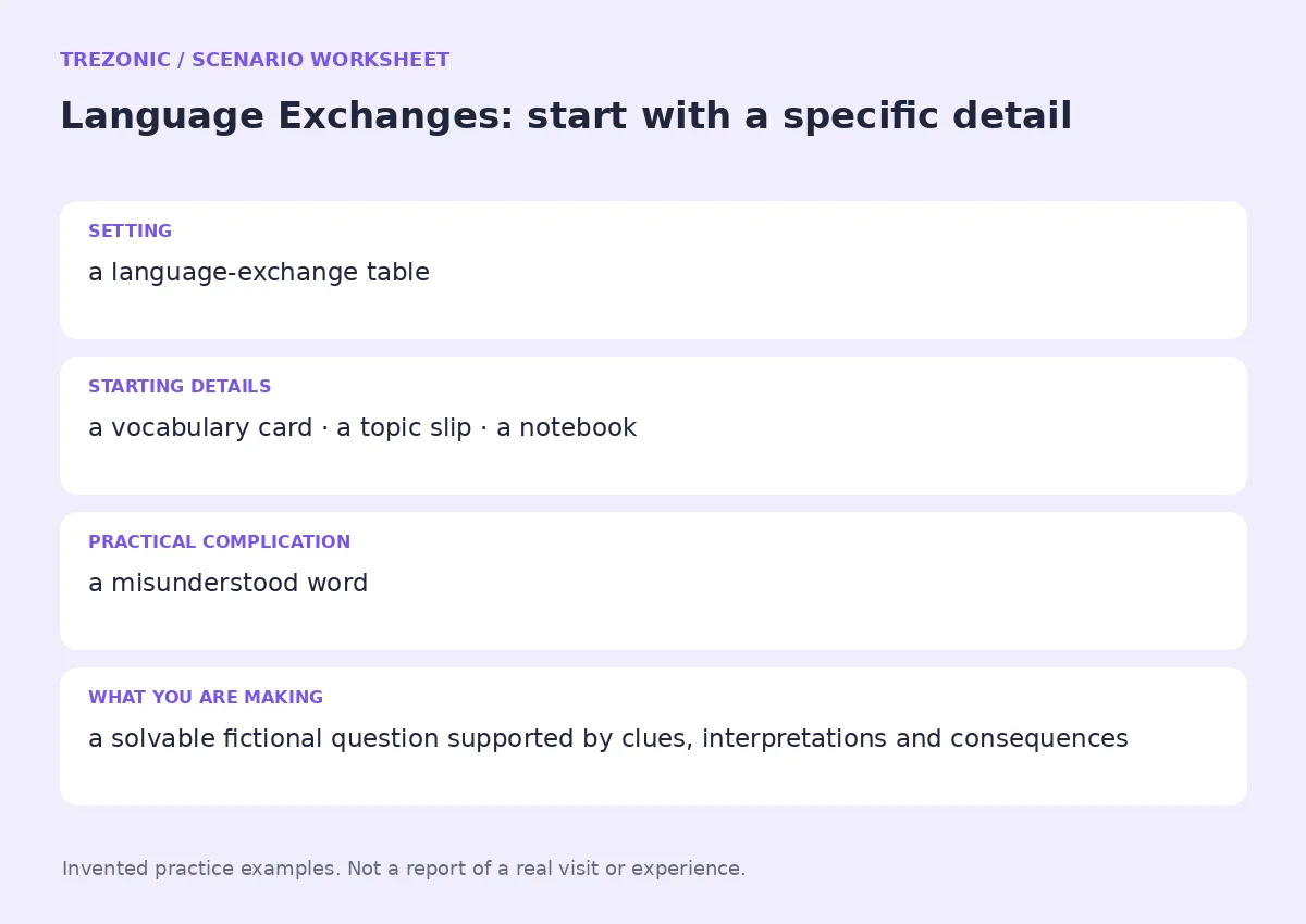Practice worksheet for Language Exchanges: setting, starting details, complication and goal