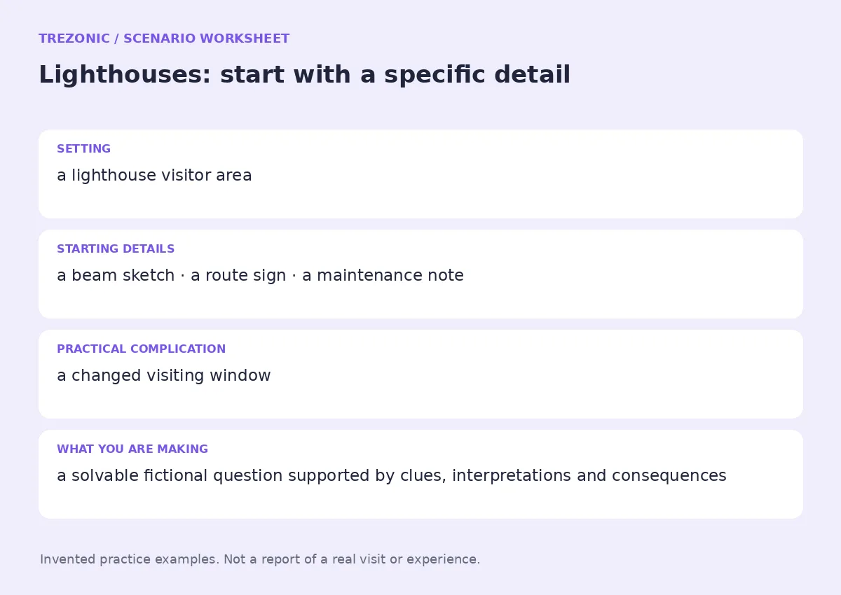 Practice worksheet for Lighthouses: setting, starting details, complication and goal