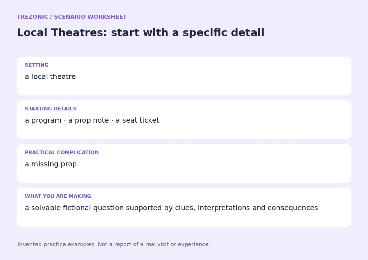Practice worksheet for Local Theatres: setting, starting details, complication and goal