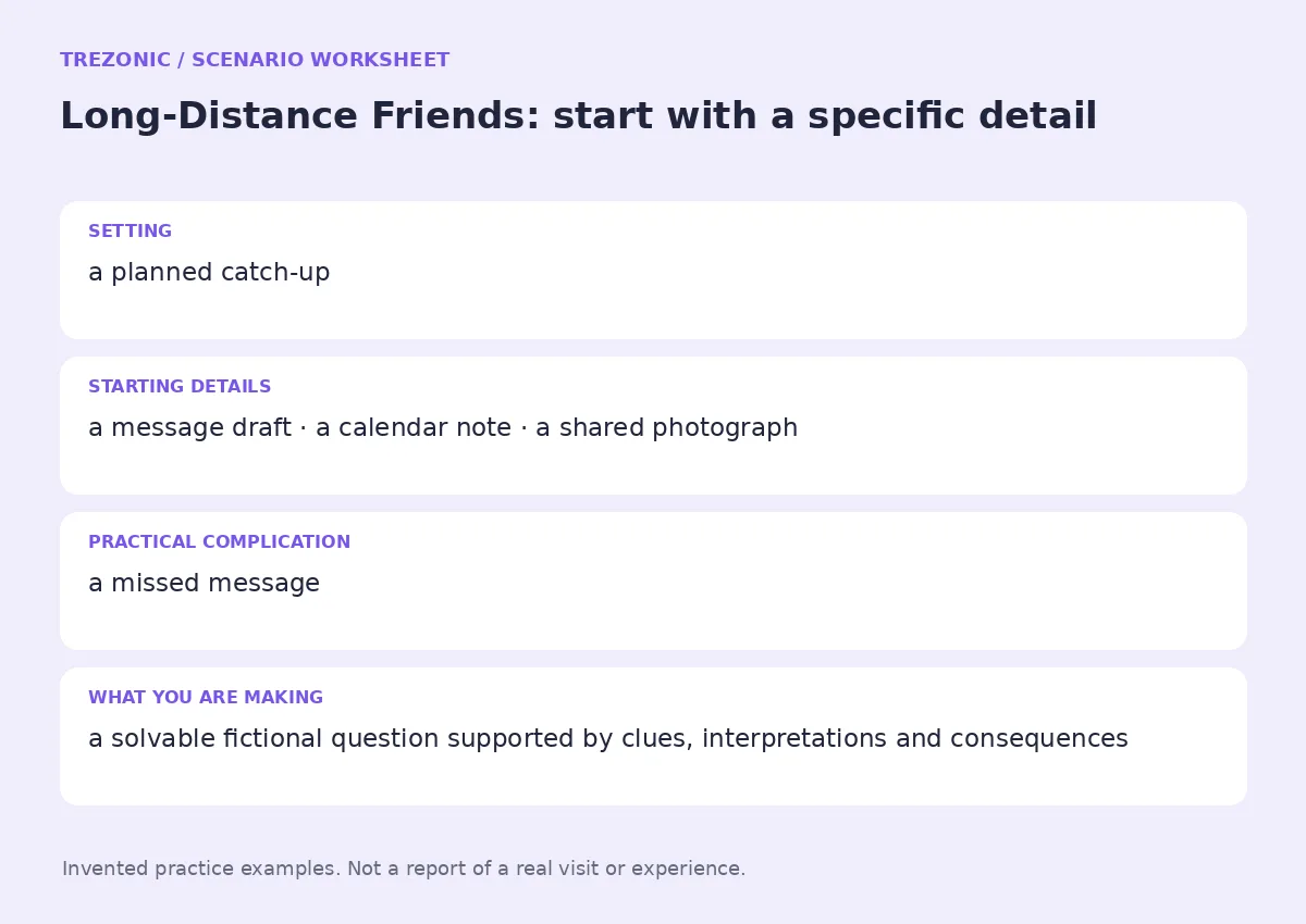 Practice worksheet for Long-Distance Friends: setting, starting details, complication and goal