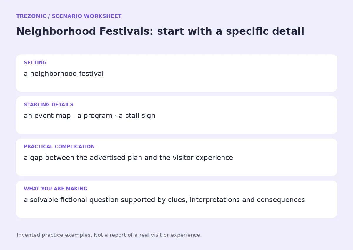 Practice worksheet for Neighborhood Festivals: setting, starting details, complication and goal