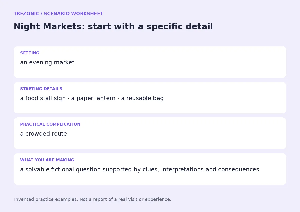Practice worksheet for Night Markets: setting, starting details, complication and goal