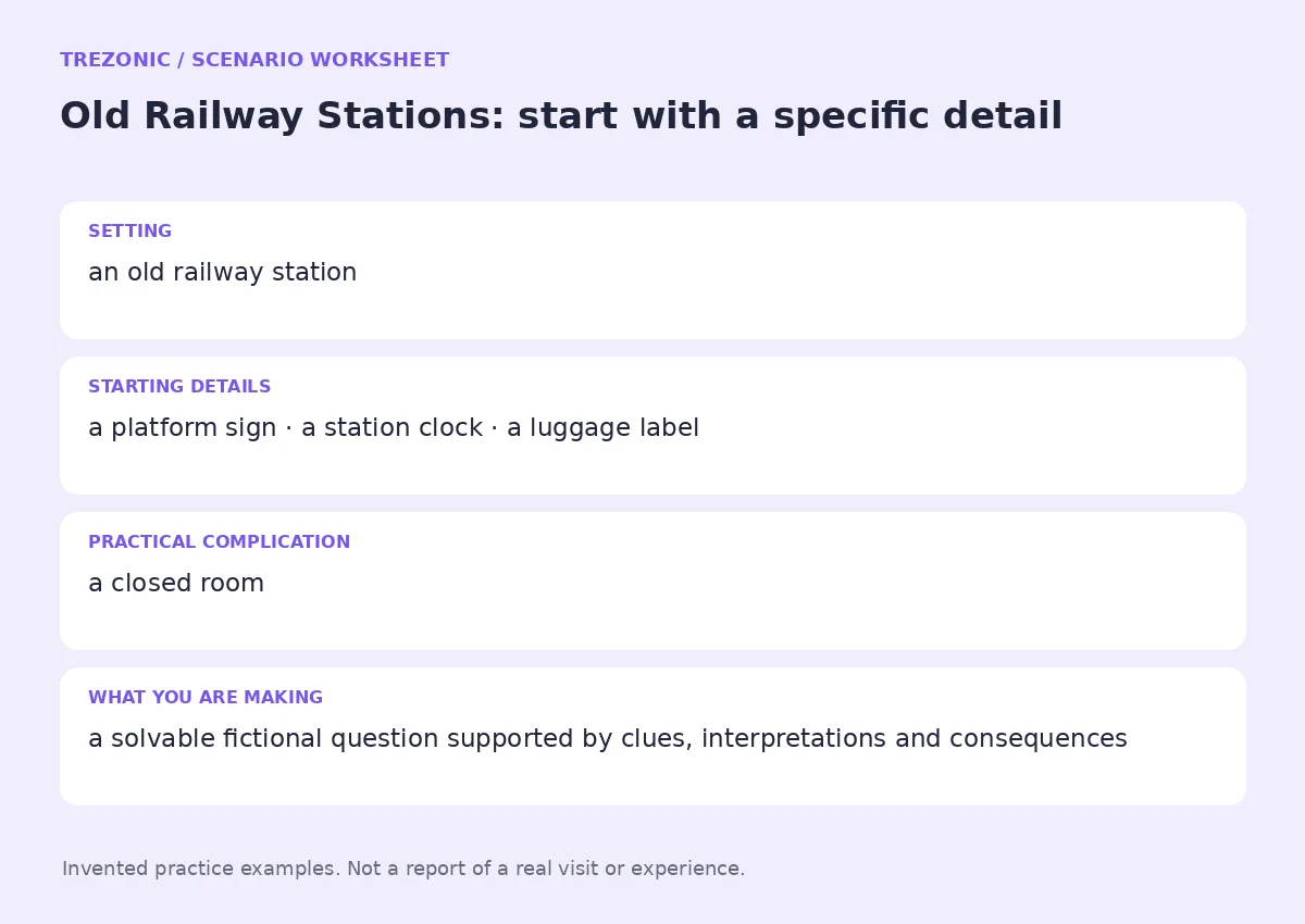 Practice worksheet for Old Railway Stations: setting, starting details, complication and goal