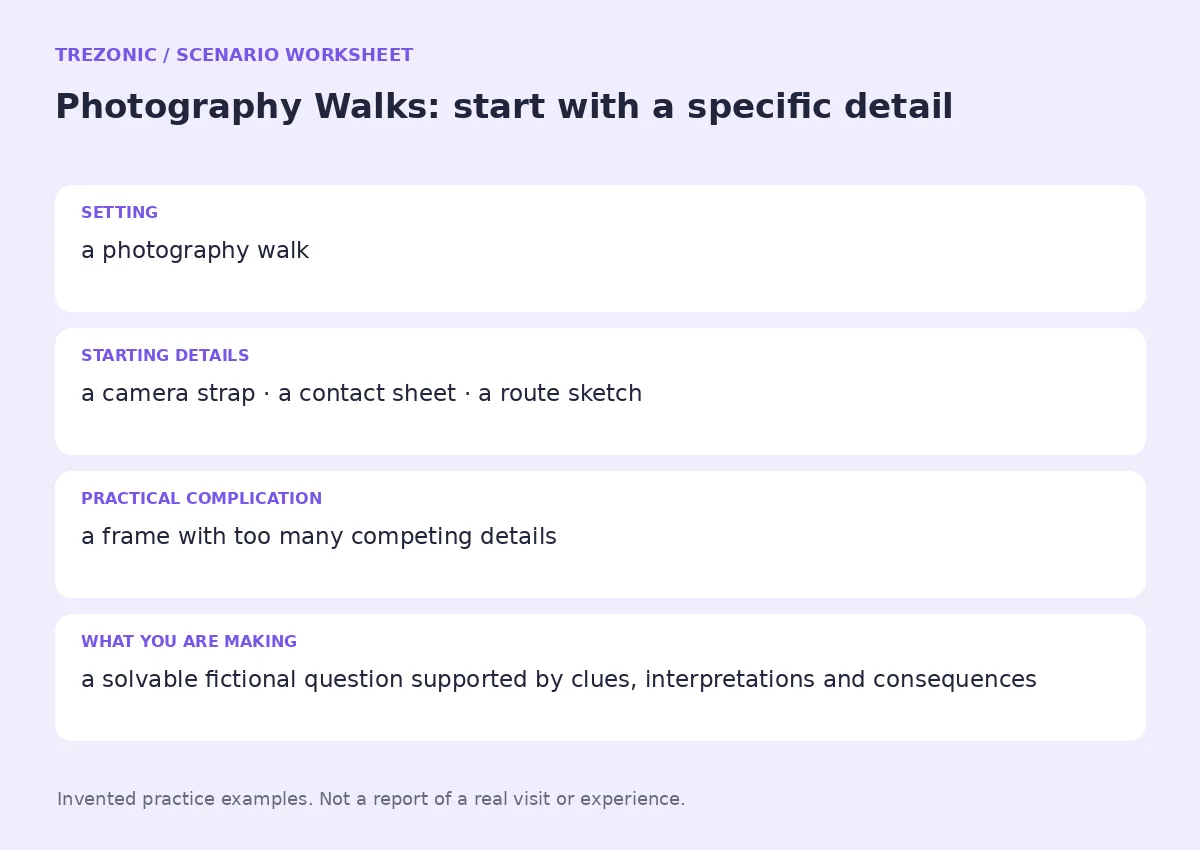 Practice worksheet for Photography Walks: setting, starting details, complication and goal