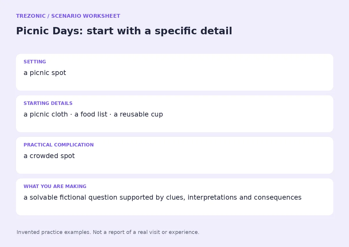 Practice worksheet for Picnic Days: setting, starting details, complication and goal