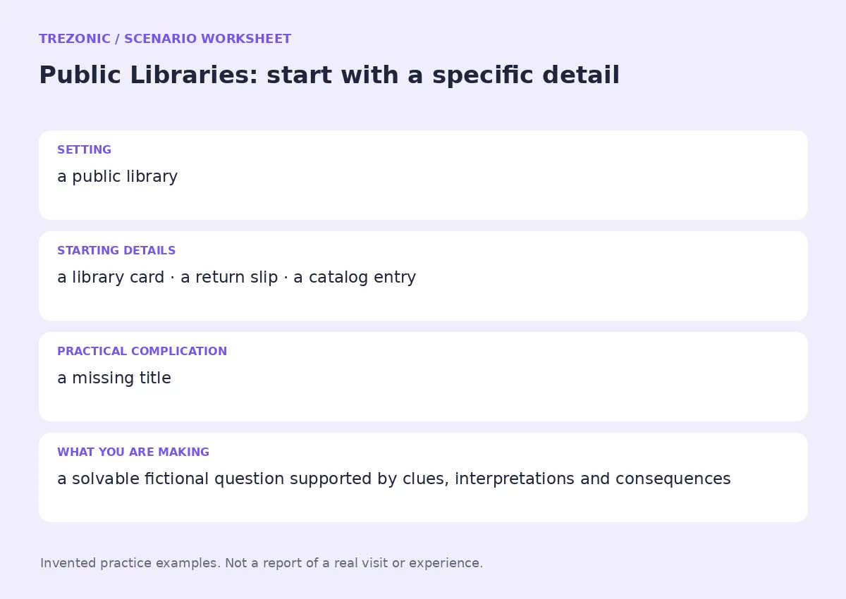 Practice worksheet for Public Libraries: setting, starting details, complication and goal