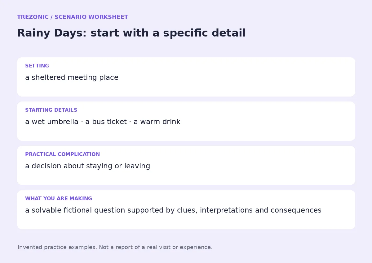 Practice worksheet for Rainy Days: setting, starting details, complication and goal