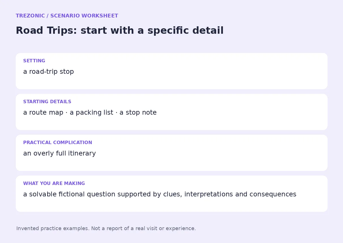 Practice worksheet for Road Trips: setting, starting details, complication and goal