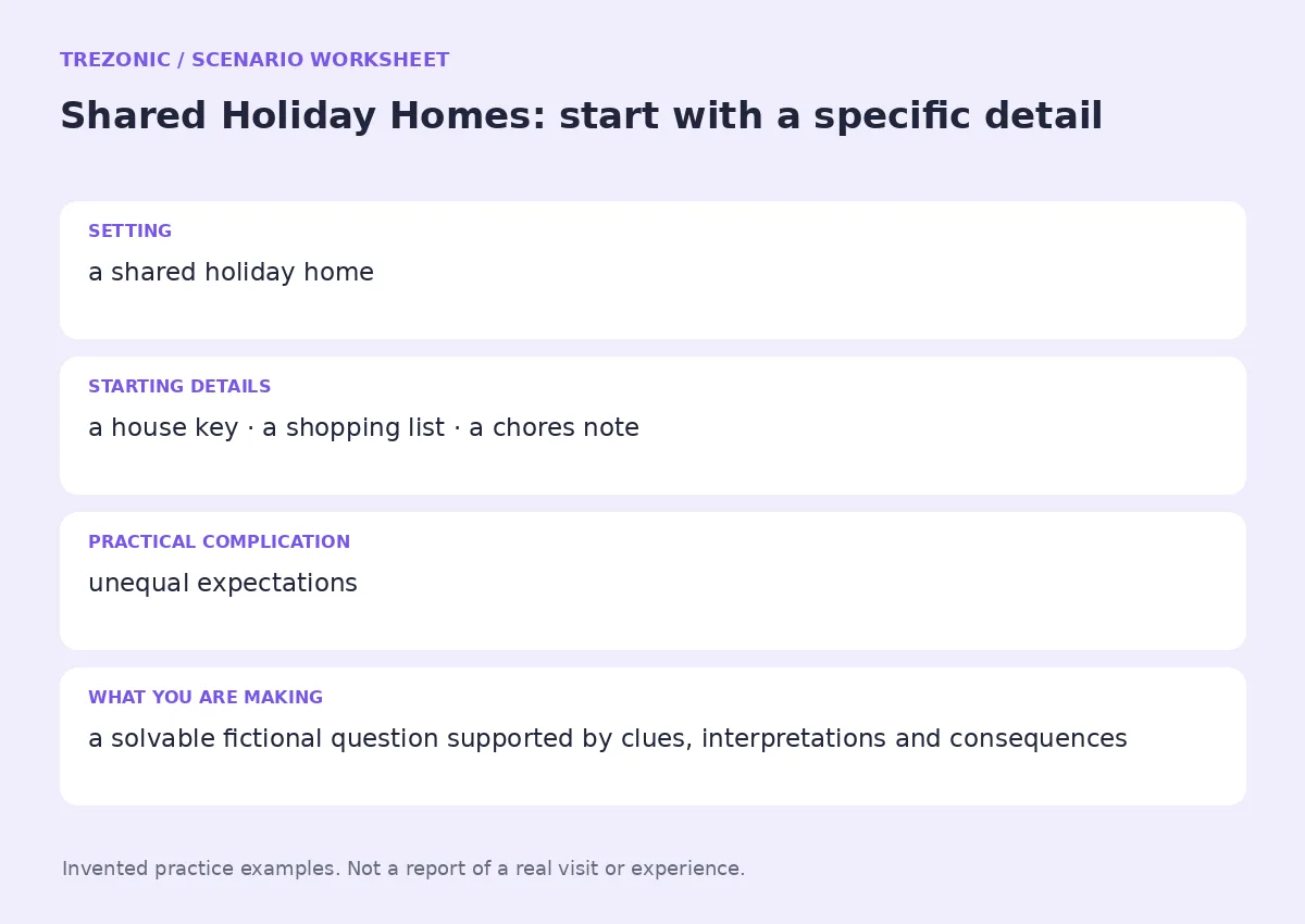 Practice worksheet for Shared Holiday Homes: setting, starting details, complication and goal