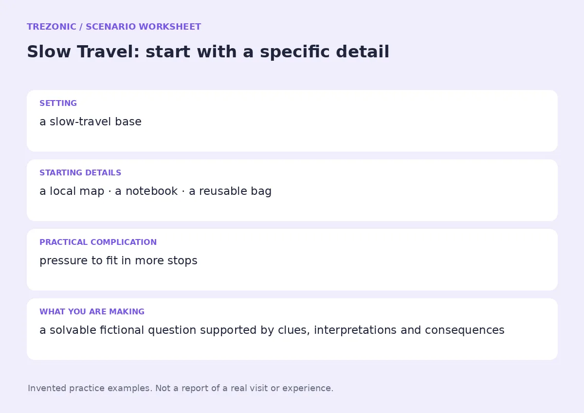 Practice worksheet for Slow Travel: setting, starting details, complication and goal