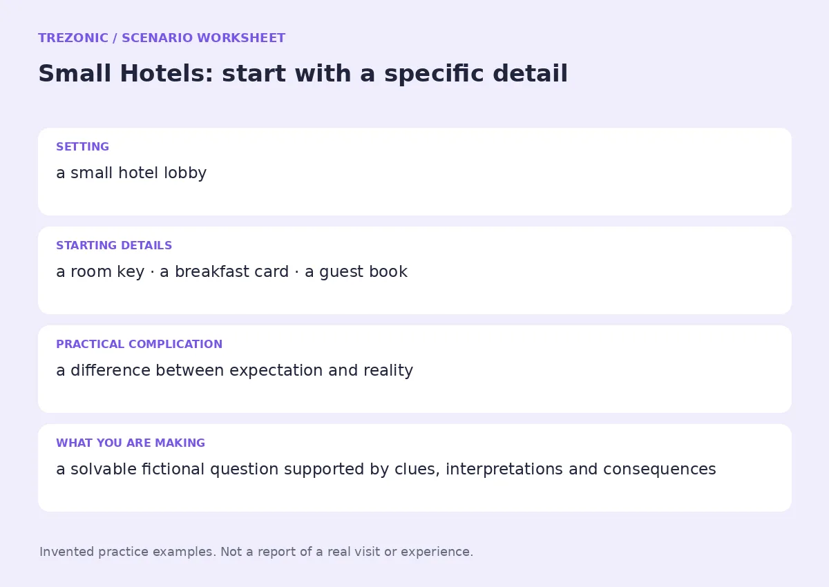 Practice worksheet for Small Hotels: setting, starting details, complication and goal