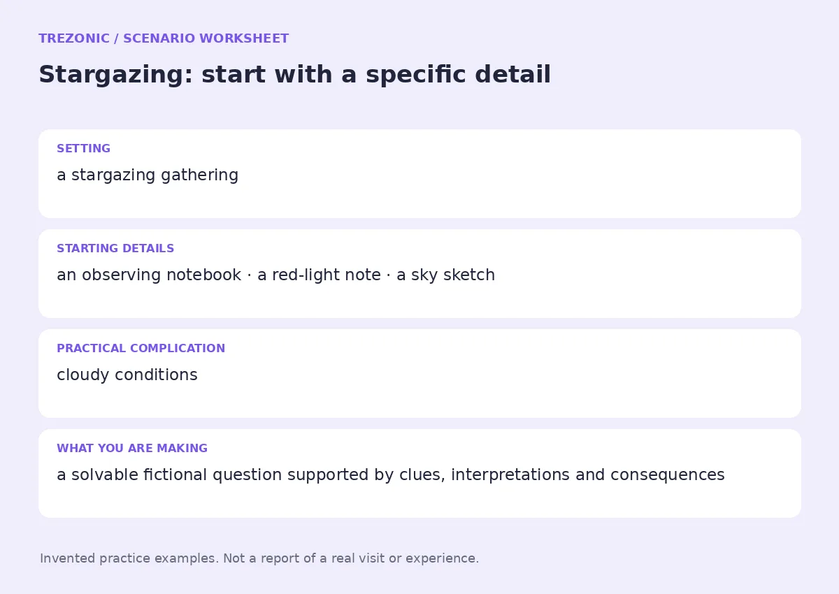 Practice worksheet for Stargazing: setting, starting details, complication and goal