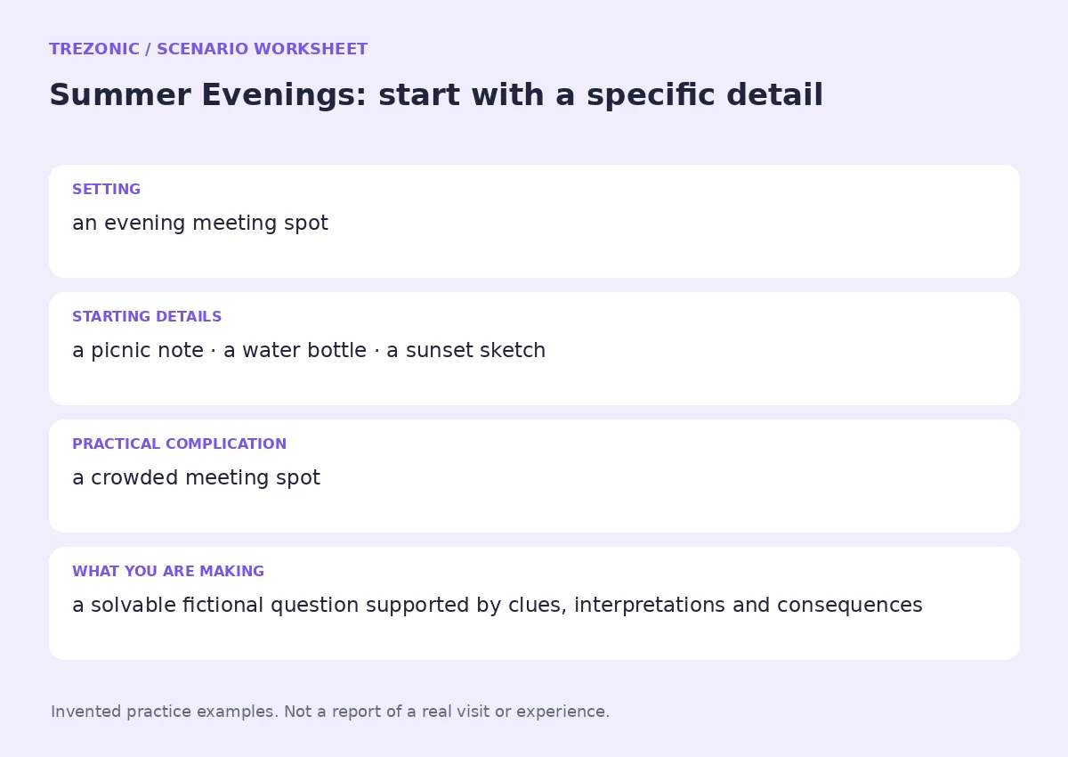 Practice worksheet for Summer Evenings: setting, starting details, complication and goal