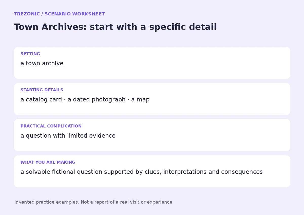 Practice worksheet for Town Archives: setting, starting details, complication and goal