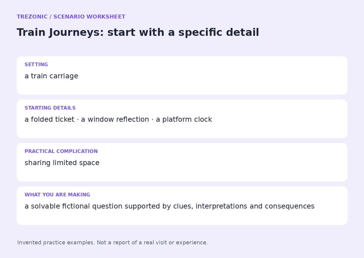 Practice worksheet for Train Journeys: setting, starting details, complication and goal