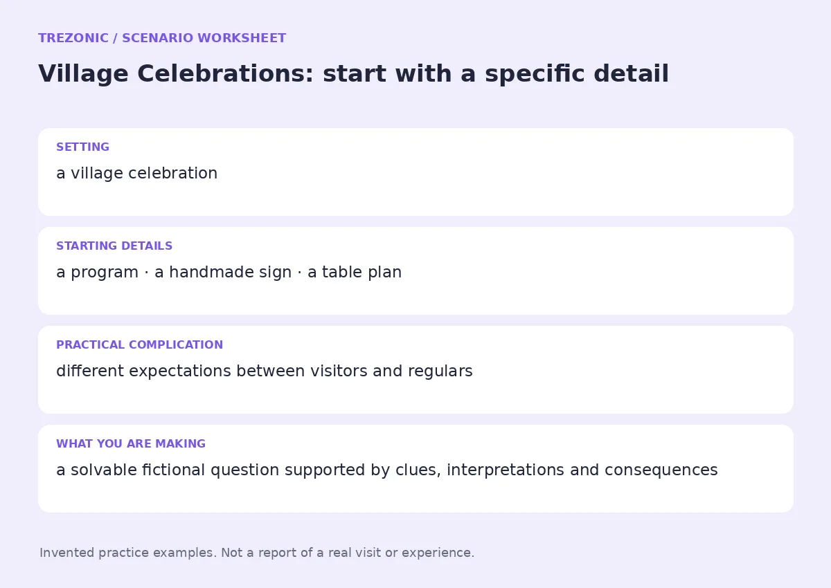 Practice worksheet for Village Celebrations: setting, starting details, complication and goal