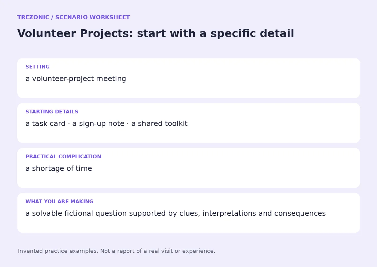 Practice worksheet for Volunteer Projects: setting, starting details, complication and goal