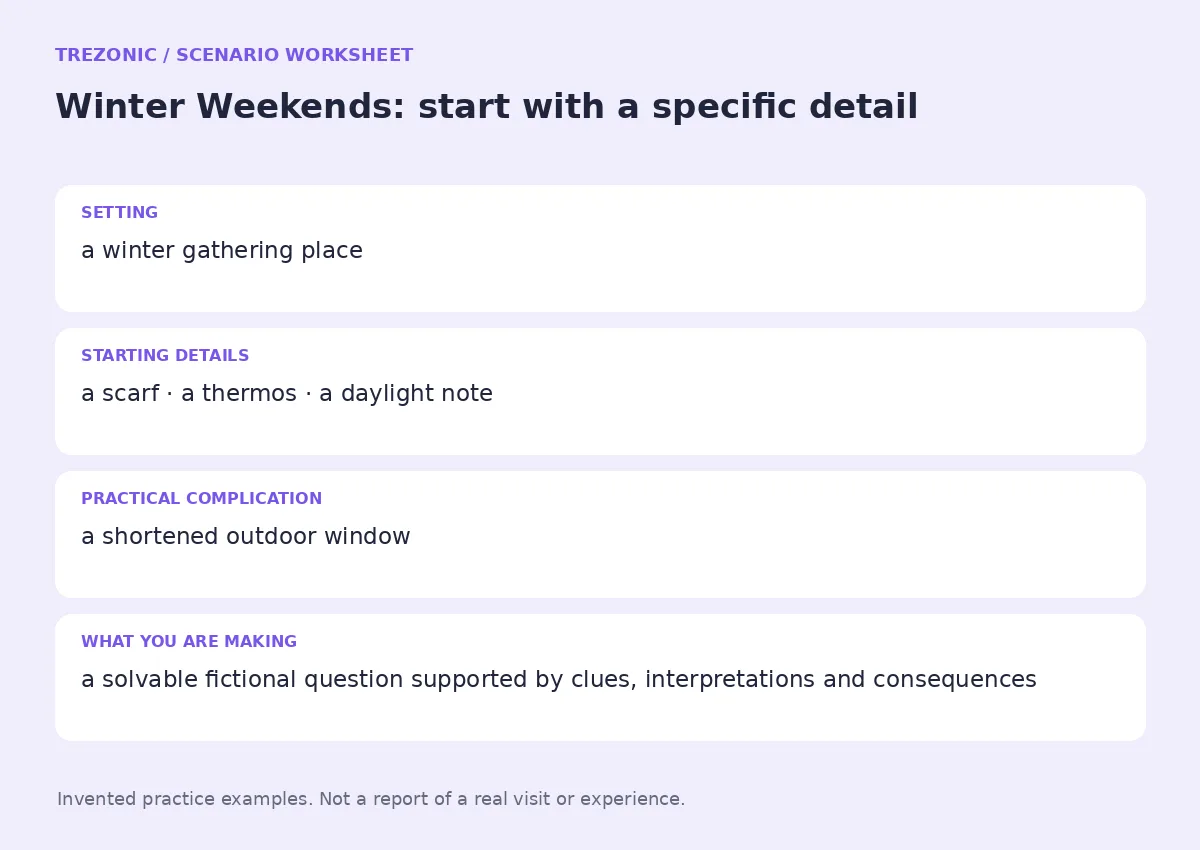 Practice worksheet for Winter Weekends: setting, starting details, complication and goal