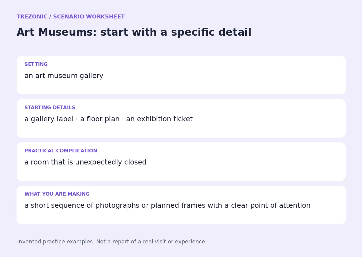 Practice worksheet for Art Museums: setting, starting details, complication and goal