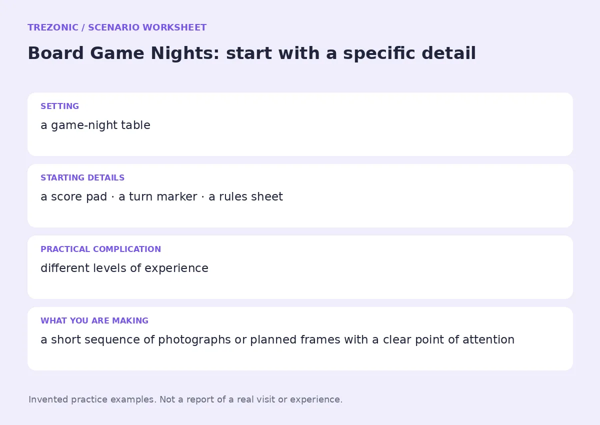Practice worksheet for Board Game Nights: setting, starting details, complication and goal