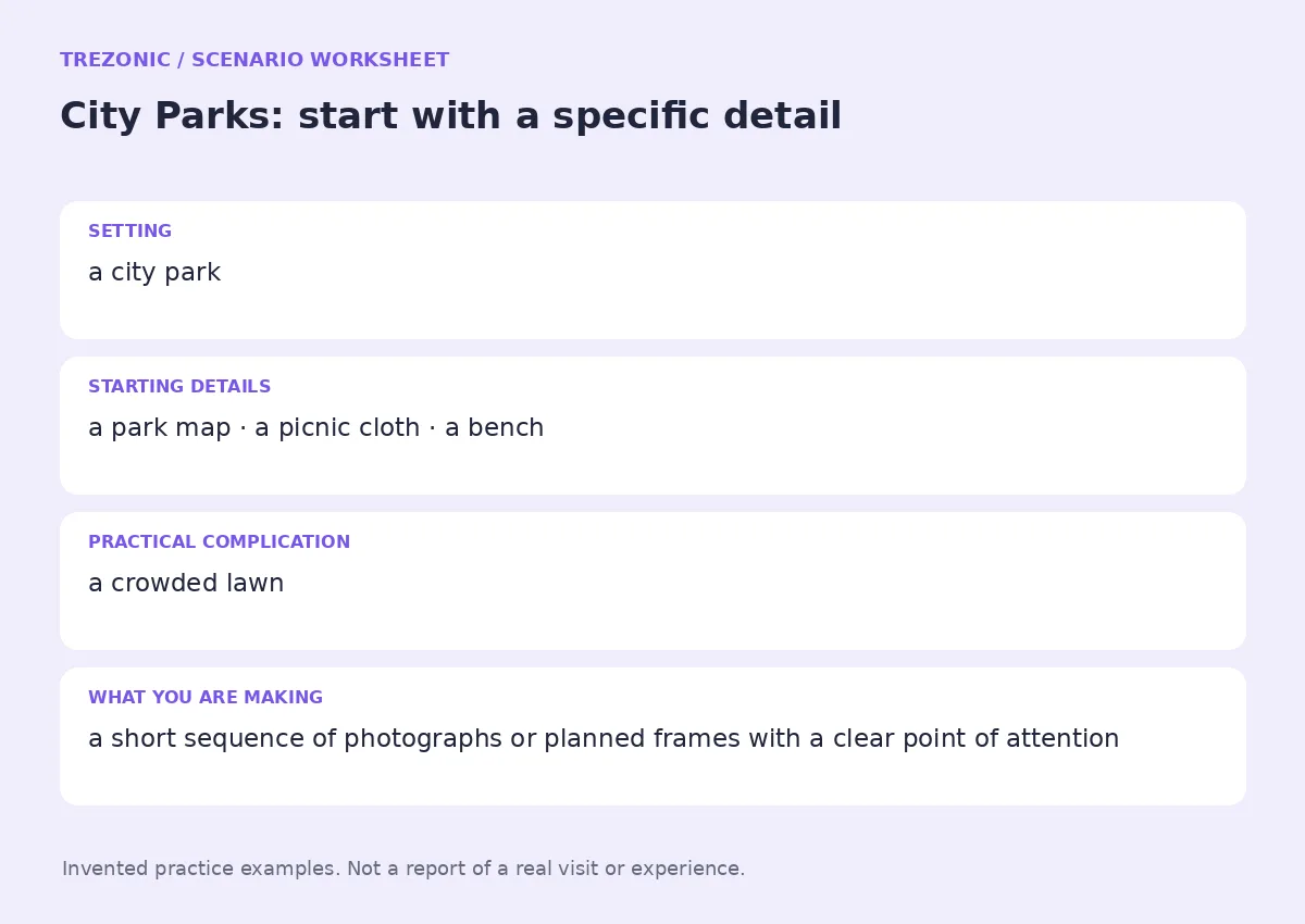 Practice worksheet for City Parks: setting, starting details, complication and goal