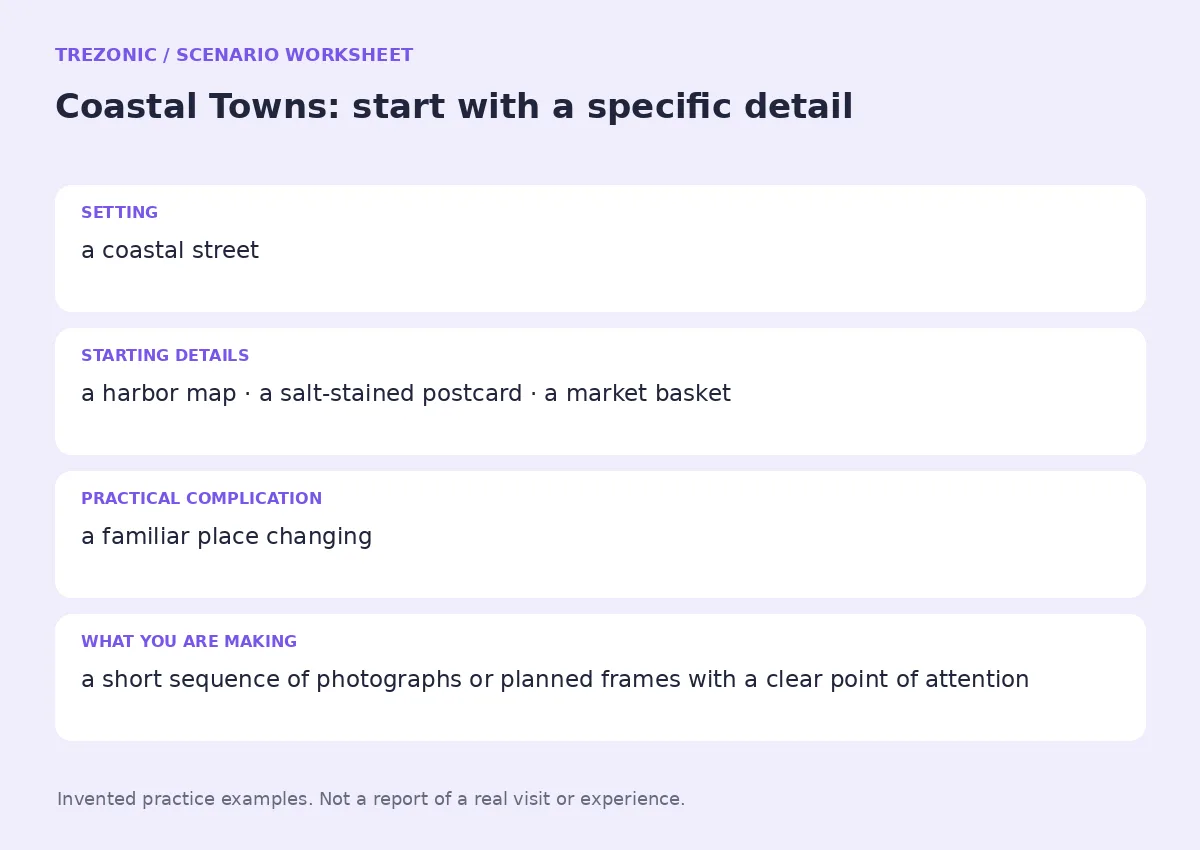 Practice worksheet for Coastal Towns: setting, starting details, complication and goal