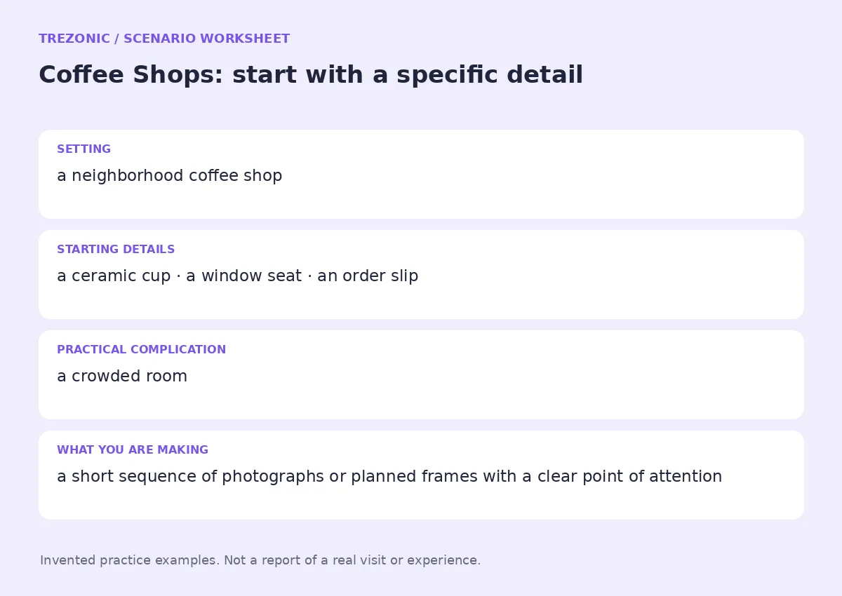 Practice worksheet for Coffee Shops: setting, starting details, complication and goal