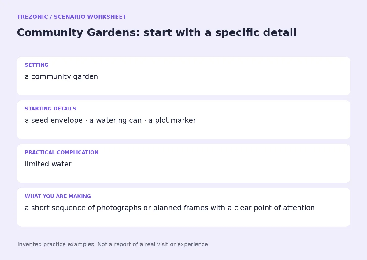 Practice worksheet for Community Gardens: setting, starting details, complication and goal