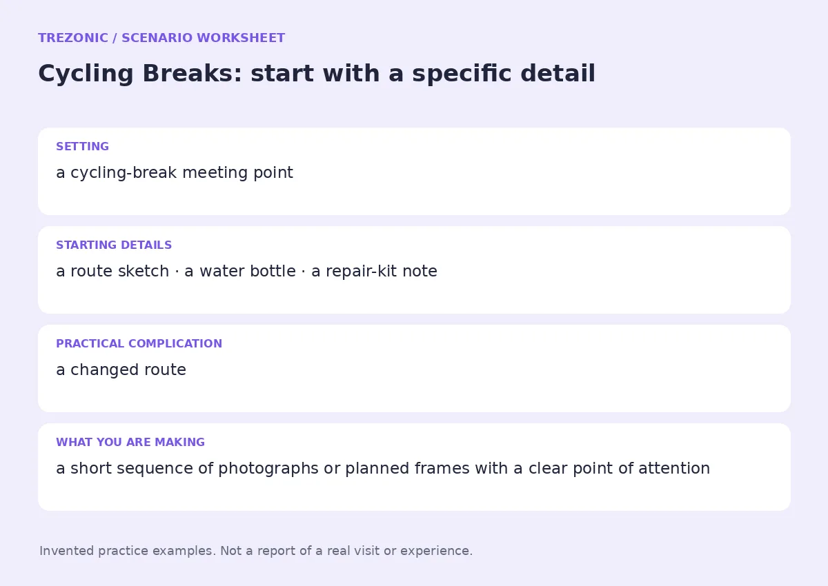 Practice worksheet for Cycling Breaks: setting, starting details, complication and goal