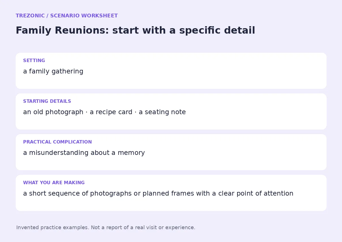 Practice worksheet for Family Reunions: setting, starting details, complication and goal