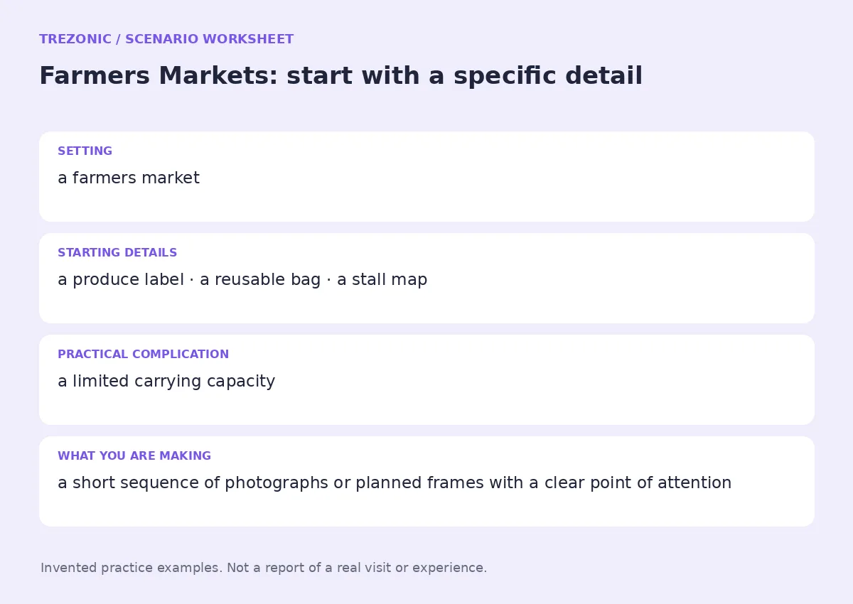 Practice worksheet for Farmers Markets: setting, starting details, complication and goal