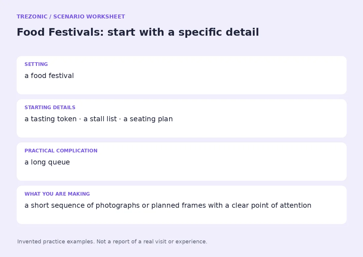 Practice worksheet for Food Festivals: setting, starting details, complication and goal