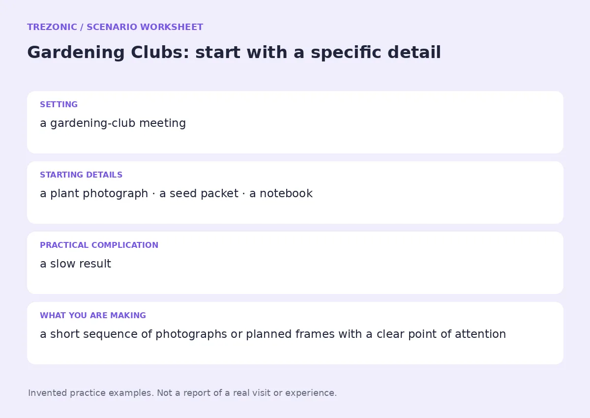 Practice worksheet for Gardening Clubs: setting, starting details, complication and goal