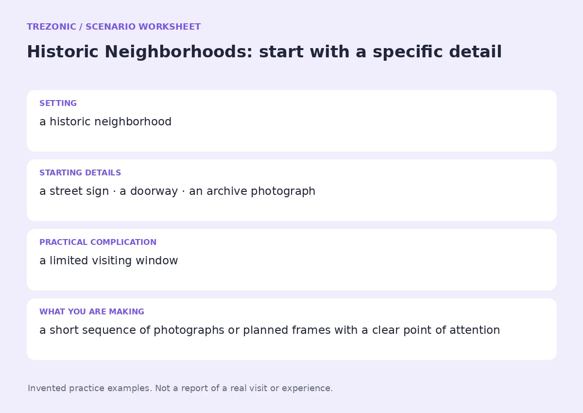 Practice worksheet for Historic Neighborhoods: setting, starting details, complication and goal
