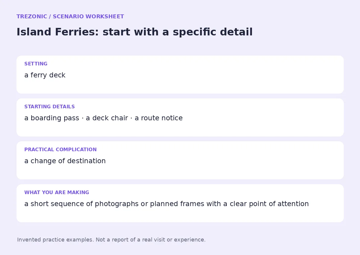 Practice worksheet for Island Ferries: setting, starting details, complication and goal