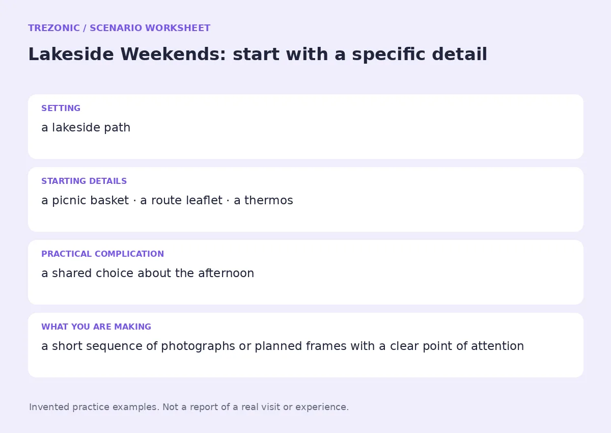 Practice worksheet for Lakeside Weekends: setting, starting details, complication and goal