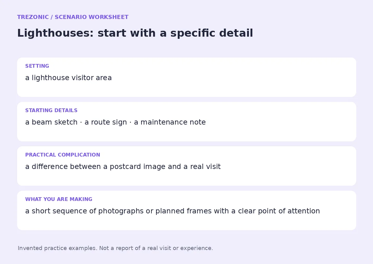 Practice worksheet for Lighthouses: setting, starting details, complication and goal