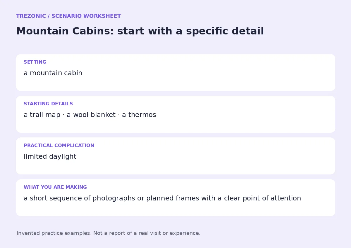 Practice worksheet for Mountain Cabins: setting, starting details, complication and goal