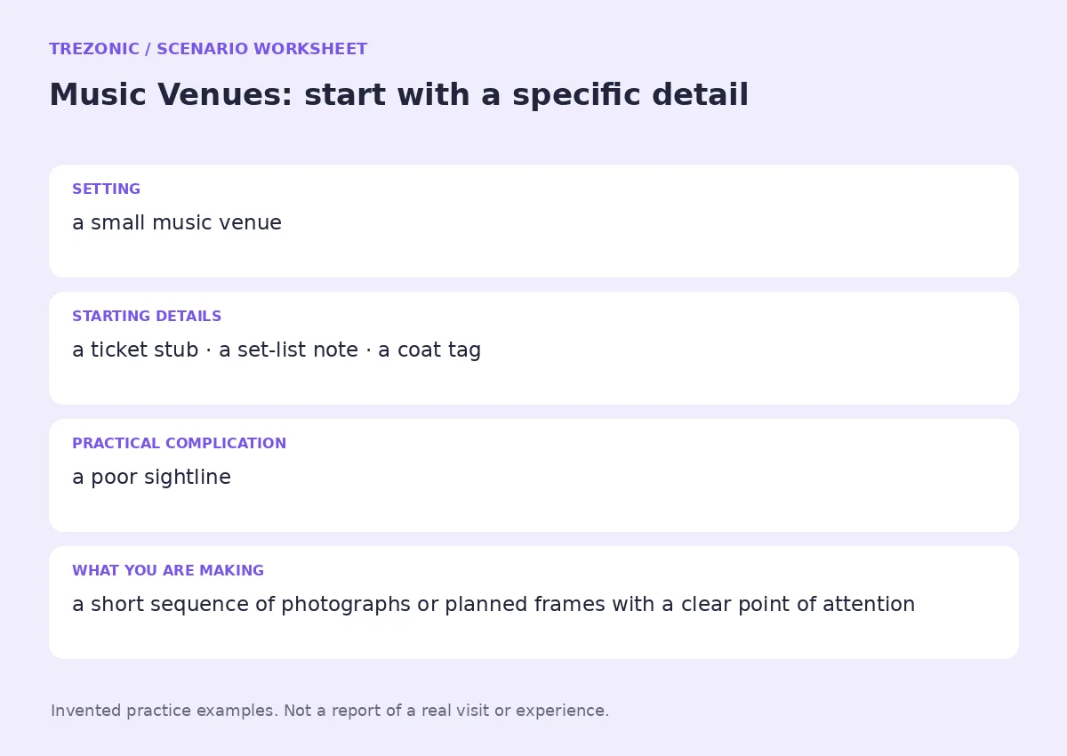 Practice worksheet for Music Venues: setting, starting details, complication and goal