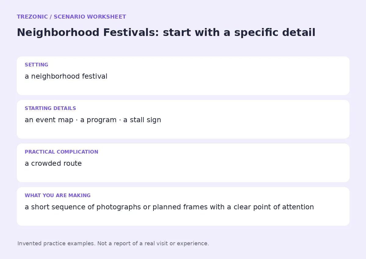 Practice worksheet for Neighborhood Festivals: setting, starting details, complication and goal