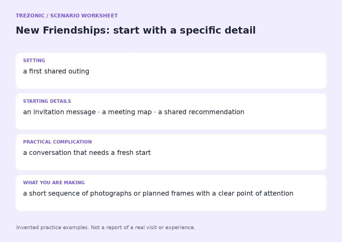 Practice worksheet for New Friendships: setting, starting details, complication and goal