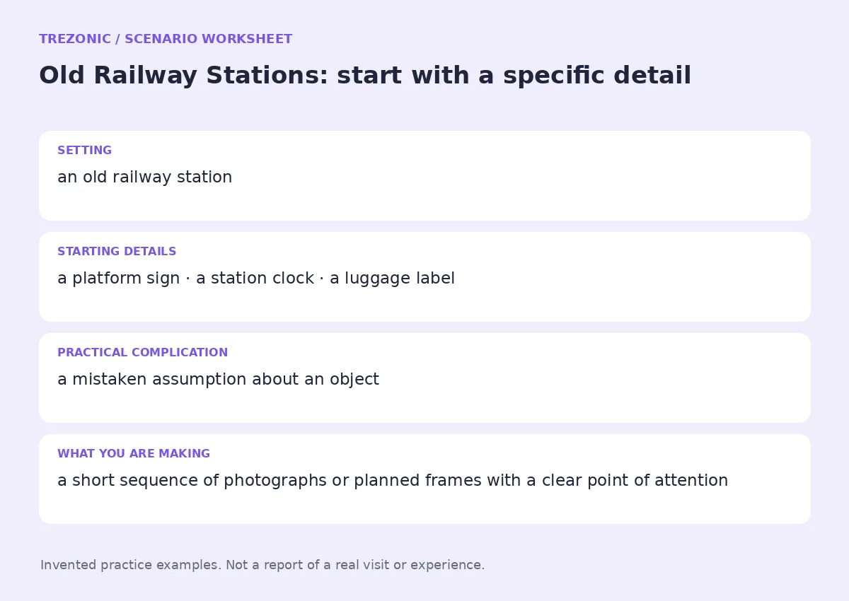 Practice worksheet for Old Railway Stations: setting, starting details, complication and goal